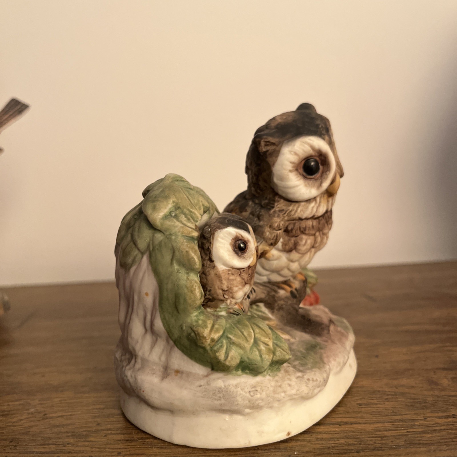 Homco 1970s Figurine Owl Family Mom Owlets Tree Branch Poreclain #1298