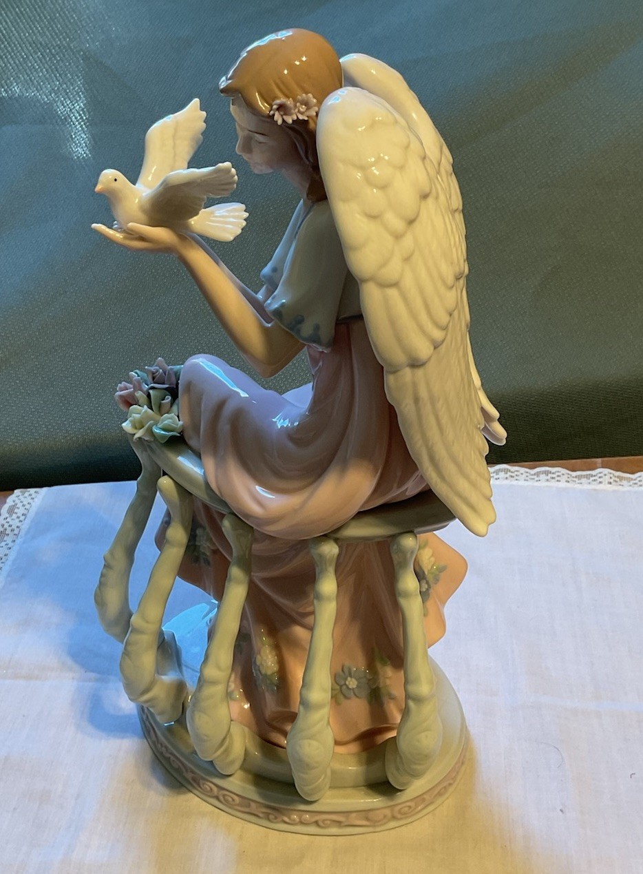 Porcelain Hand Painted Angel Garden Rail Dove in Hand 12” Figurine