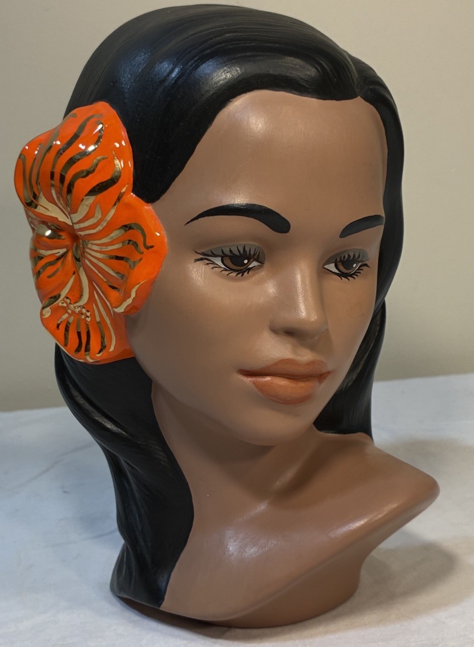 Vintage Marwal Chalkware Hawaiian Polynesian Hula Woman Head Bust Statue Signed