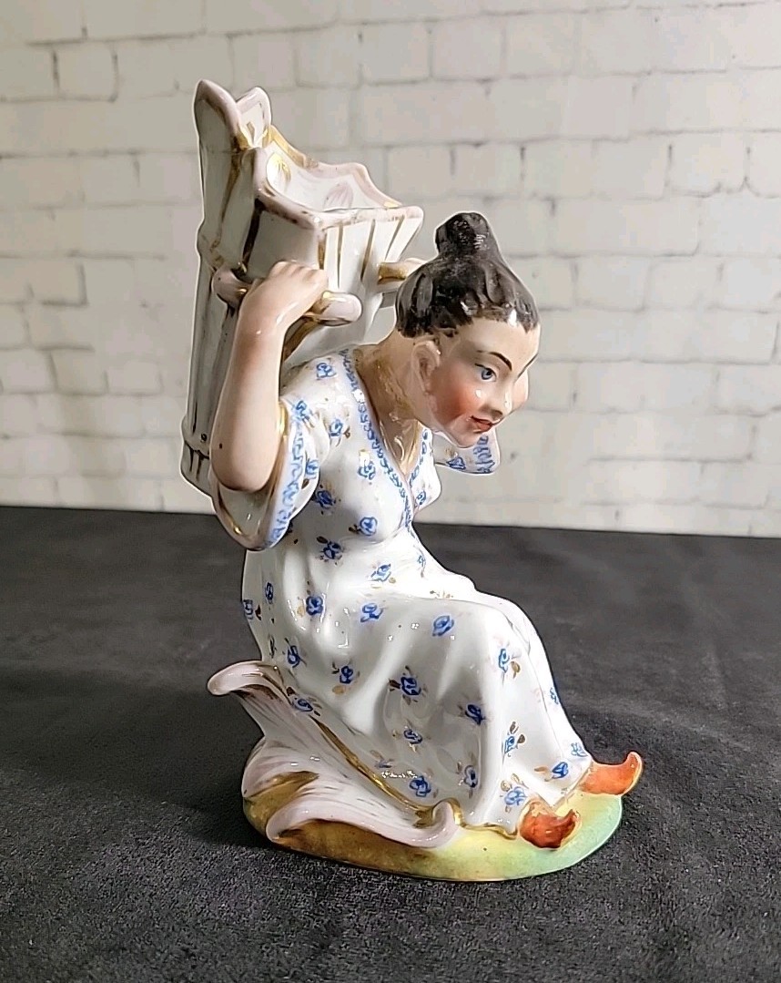 Antique French Porcelain Chinoiserie Woman & Basket Spill Vase Statue Figurine