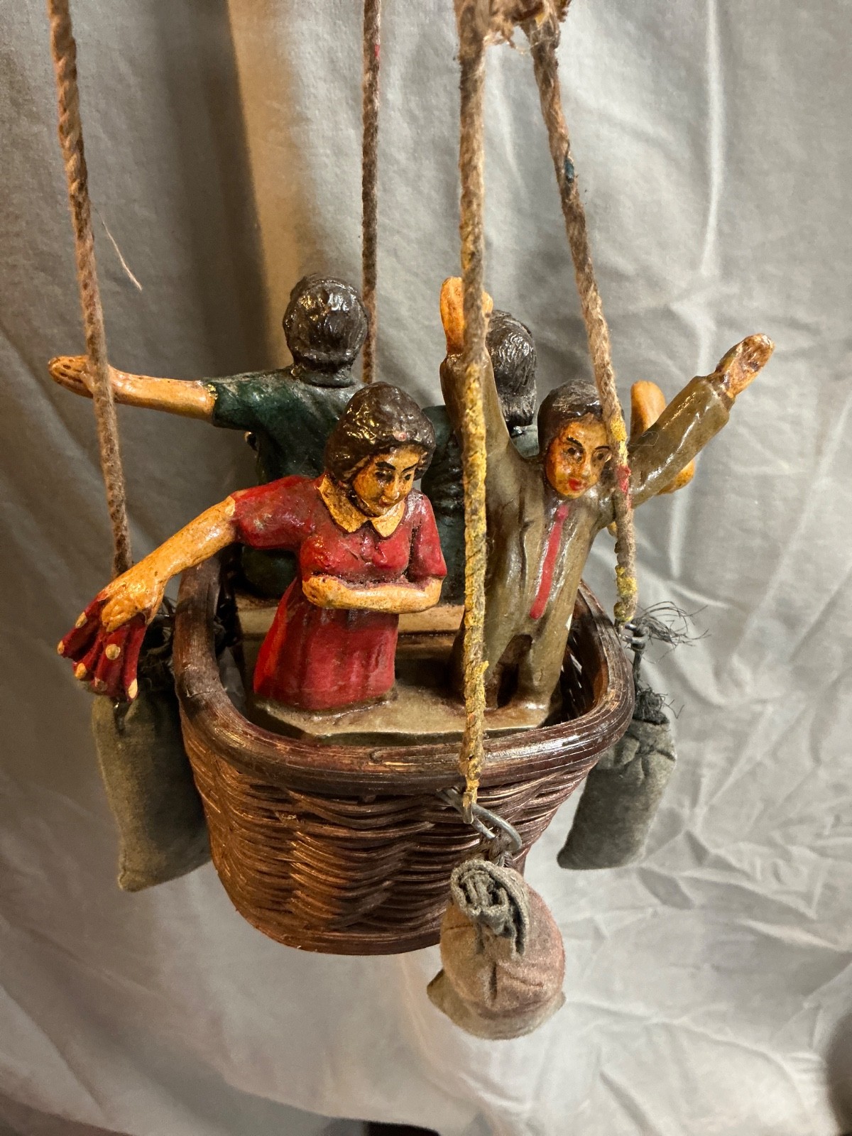 Vintage Folk Art Huge 24″ Hot Air Balloon Four People Wicker Basket MCM Hanging