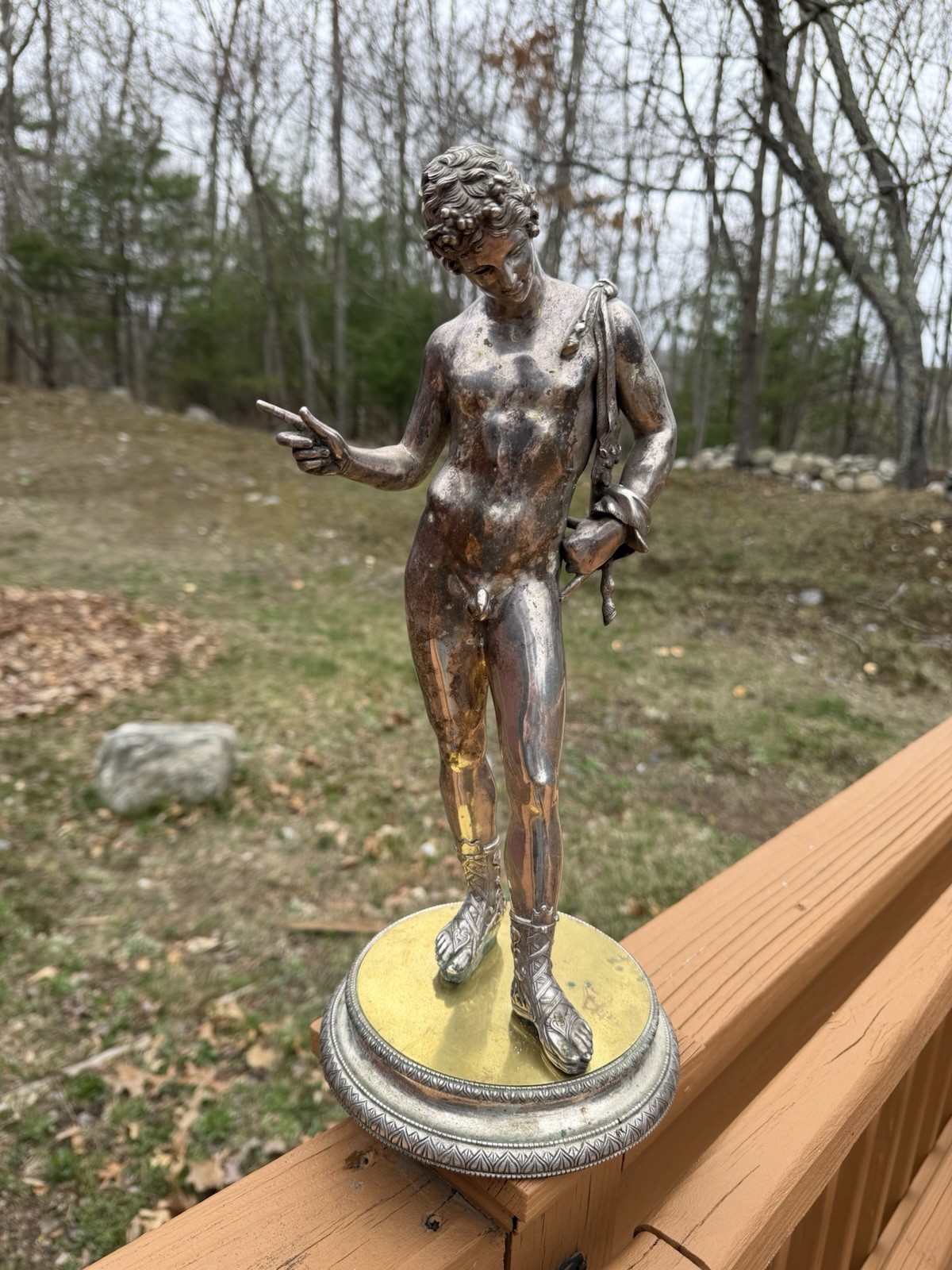 Silvered Bronze Statue of Narcissus on gilt base. Approx 15 “ tall