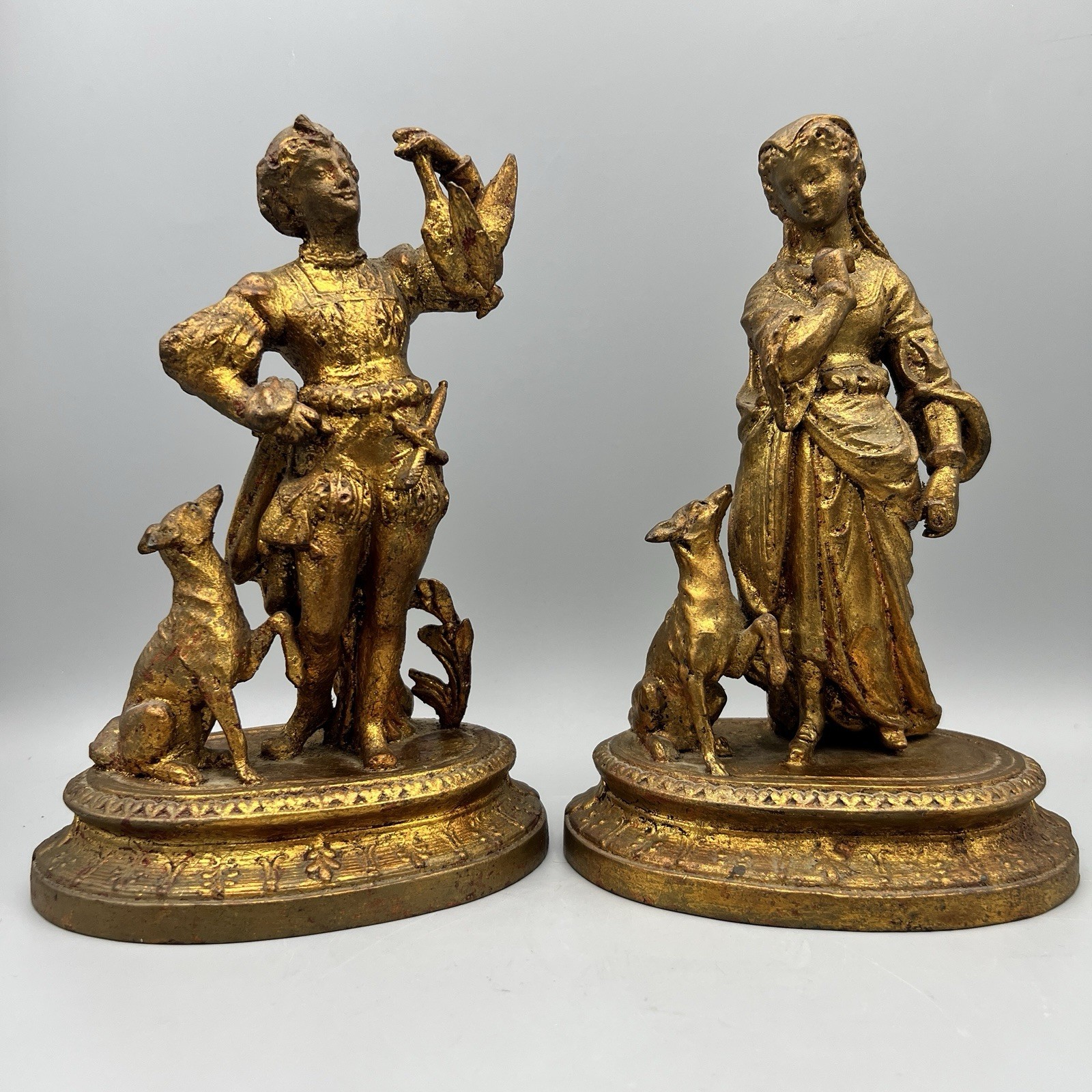 Pair of Early 20th Century Metal Figurines with Gold Gilt 9″H