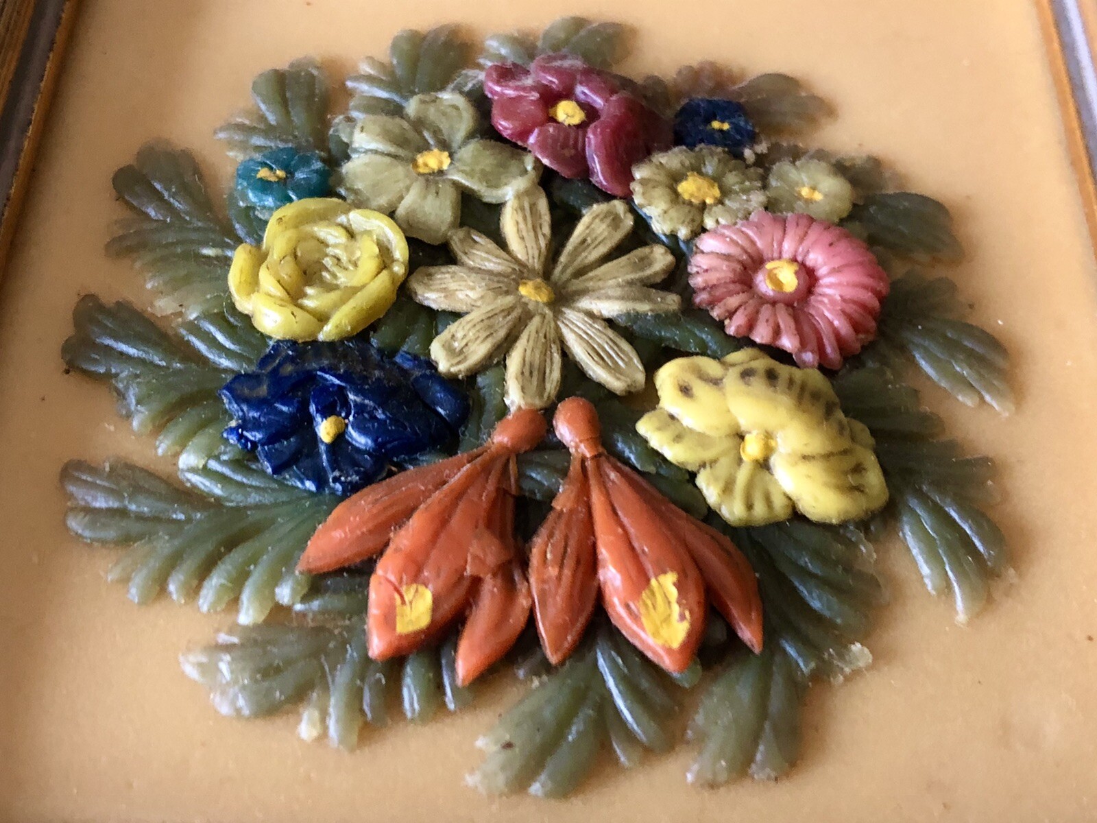Vintage Wax Folk Art Sculpture 3D FLOWER Picture German Hand Made Carved Detail