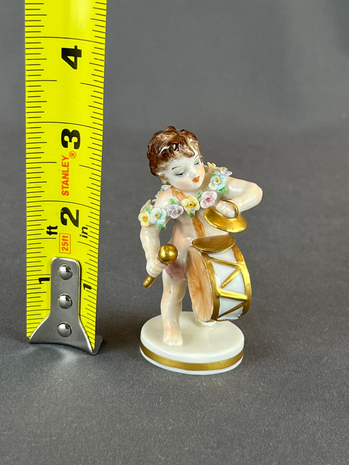 Muller Volkstedt Irish Dresden Porcelain Cherub with Drum & Cymbal 3″ Figurine