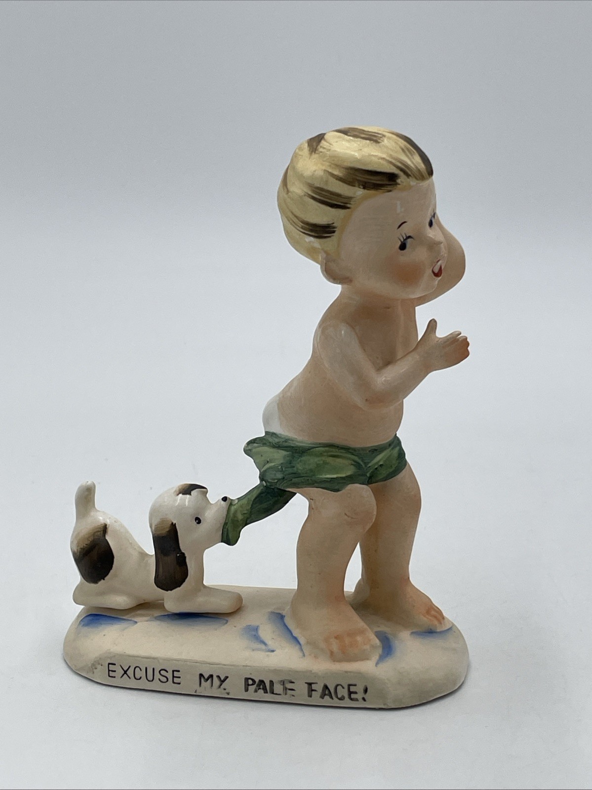 Vintage Boy & Dog Figurine Coppertone Excuse My Pale Face Promotional Sun Tan