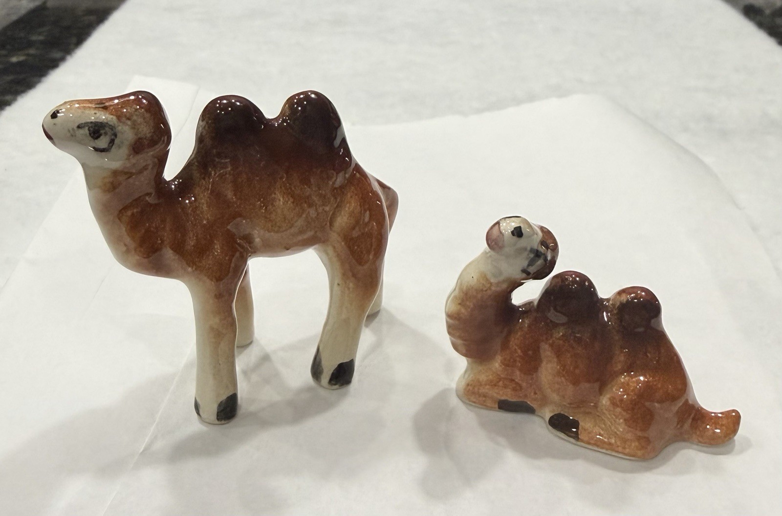 Porcelain Camel Figurines Set of 2 Brown White Animal Print Collectible