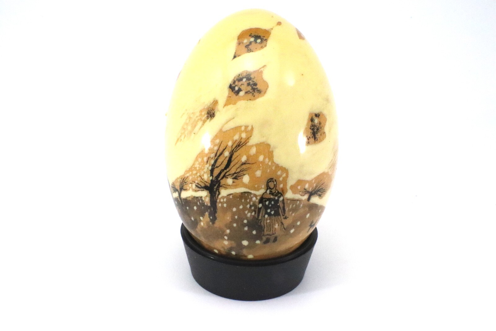 Hand Painted WOODEN EGG Original Russian Art Leaves Wind on Stand 1991