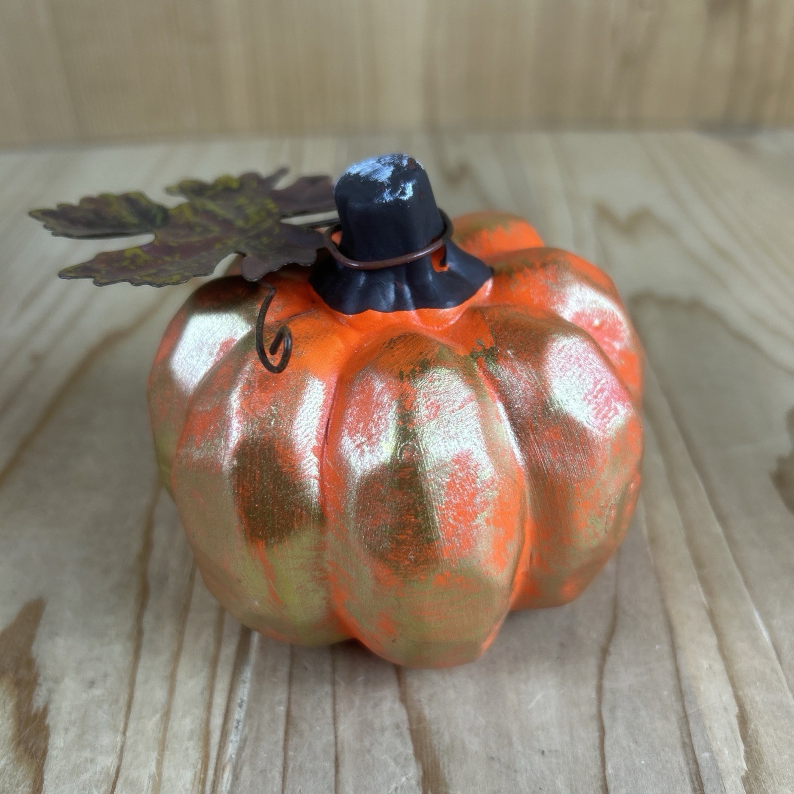 Pumpkin Figurine Set Of 3 Orange Gold Ceramic Metal Leaf Vine Fall Harvest 4×3”