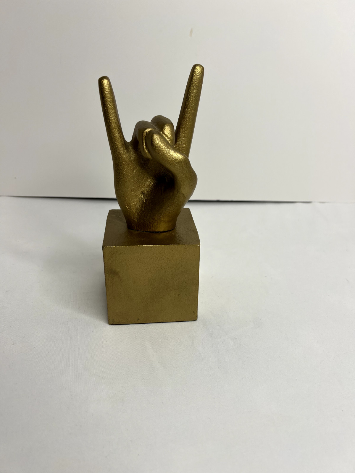 Metal Hand Sculpture Rock On w/Cube Base