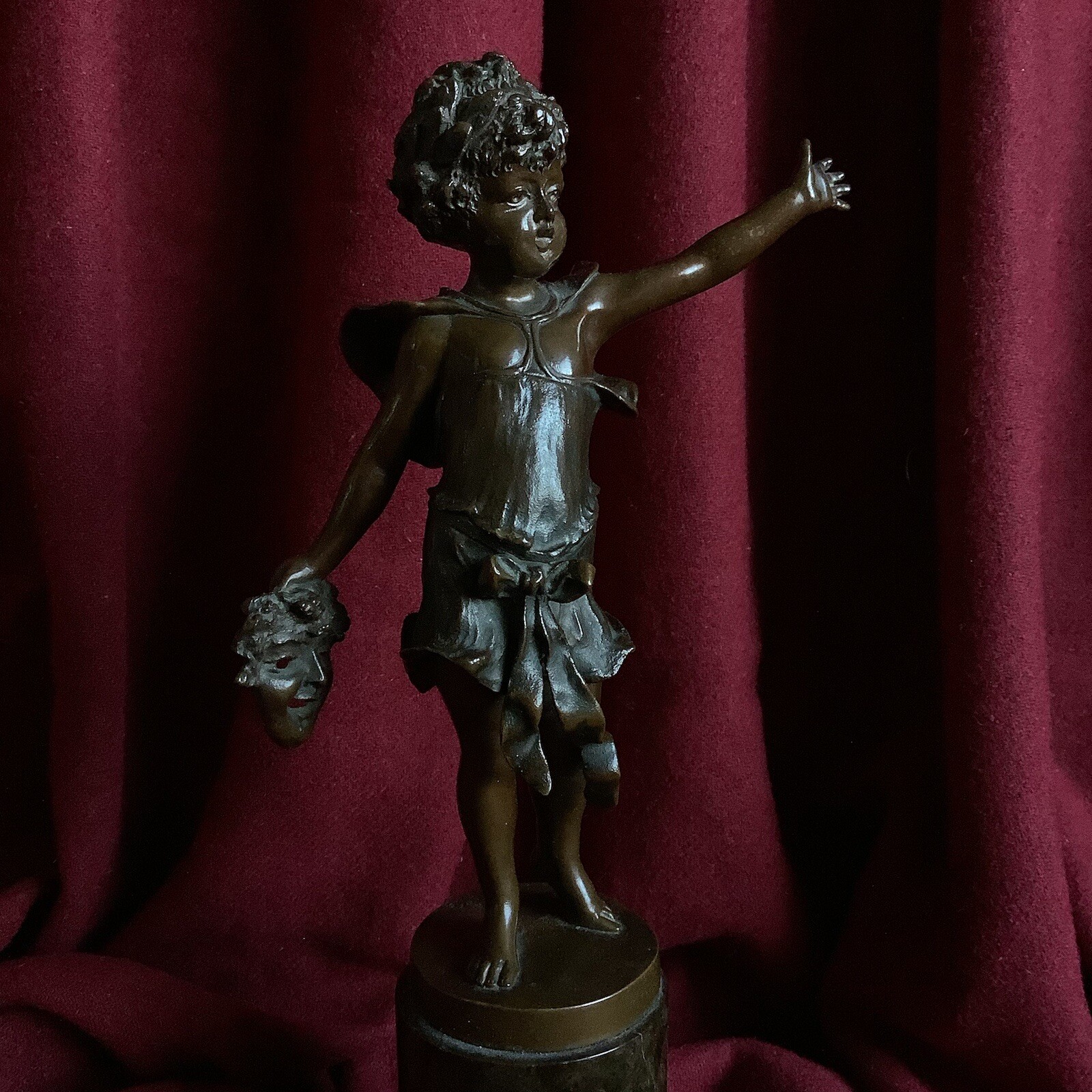 Antique Bronze Girl Statue Theater Allegory Actress Mask Baroque Artist Signed