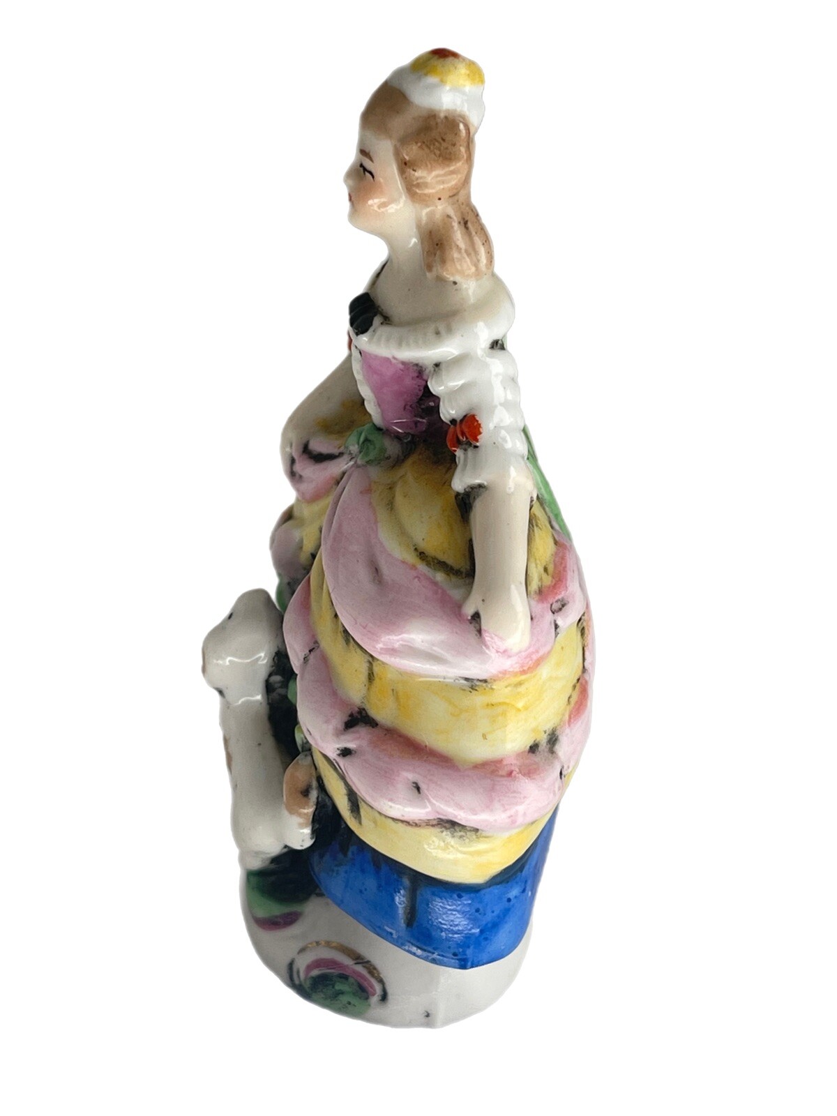 Antique German Porcelain Court Lady with a Dog Figurine 18310 3 1/4”Hand painted