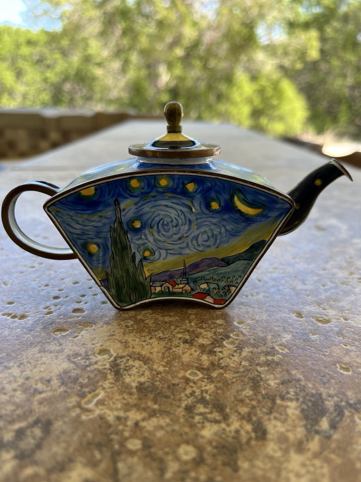 KELVIN CHEN ENAMELED MINIATURE TEAPOT VAN GOGH STARRY NIGHT – 2001 – WITH PAPER