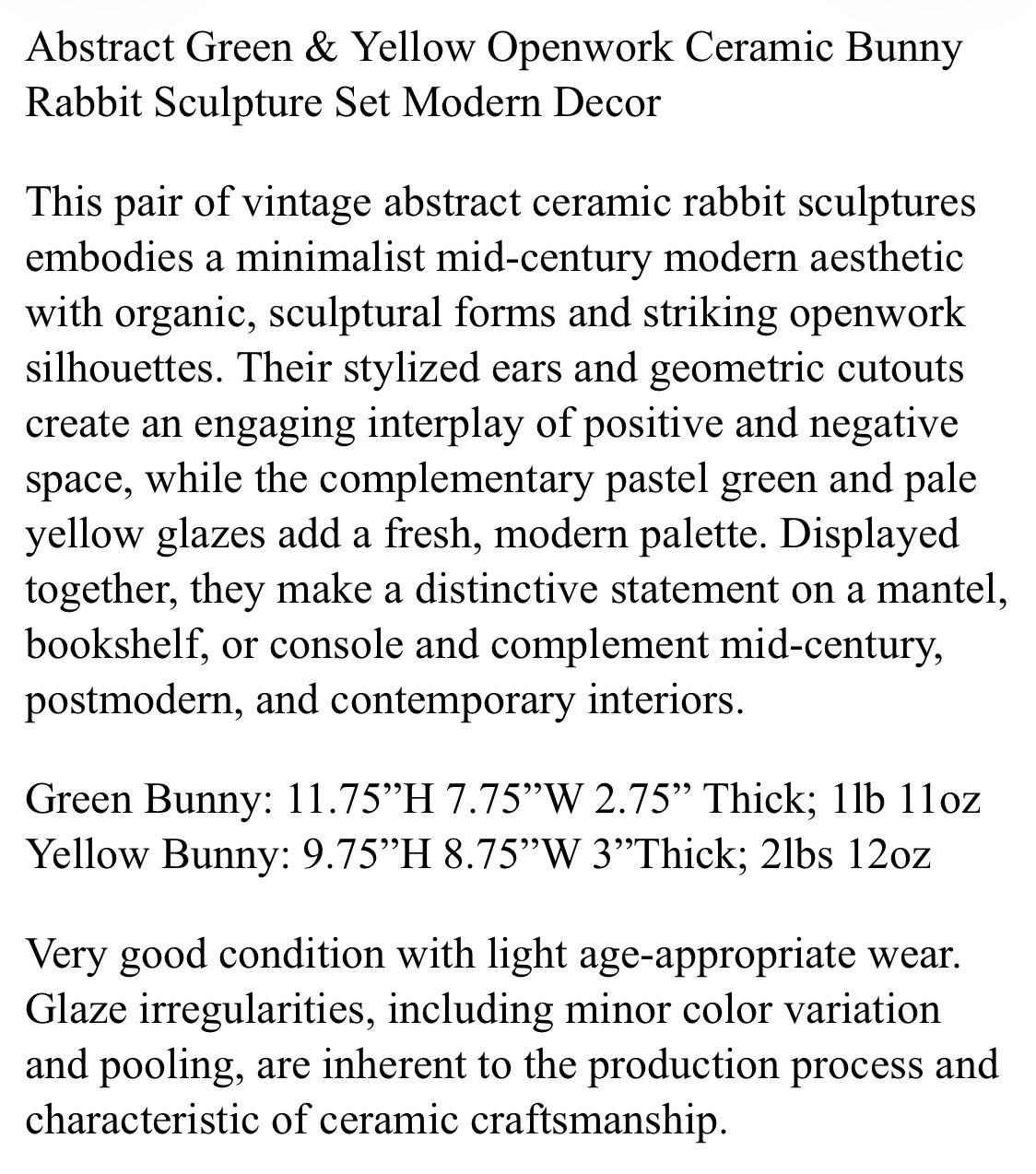 Abstract Green & Yellow Openwork Ceramic Bunny Rabbit Sculpture Set Modern Decor