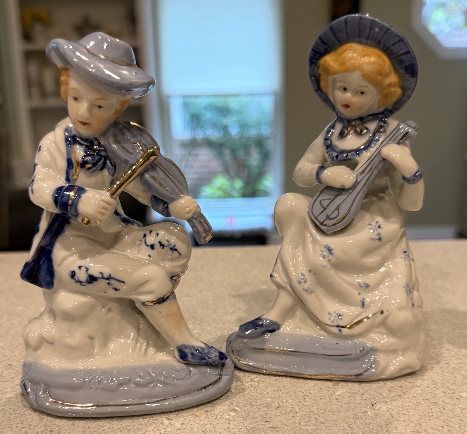 Pair of Vintage Blue & White Porcelain Victorian-style Figurines, Man and Lady