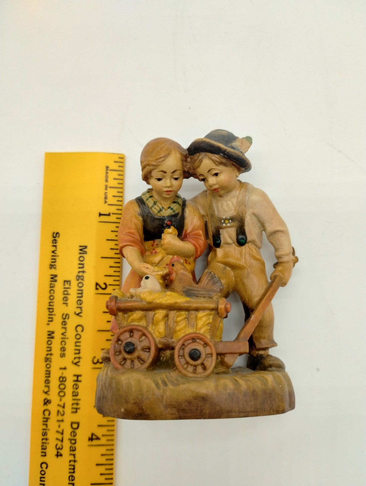 Vintage Wood Figurine Feeding The Chickens Farm Boy Girl Cart Germany?