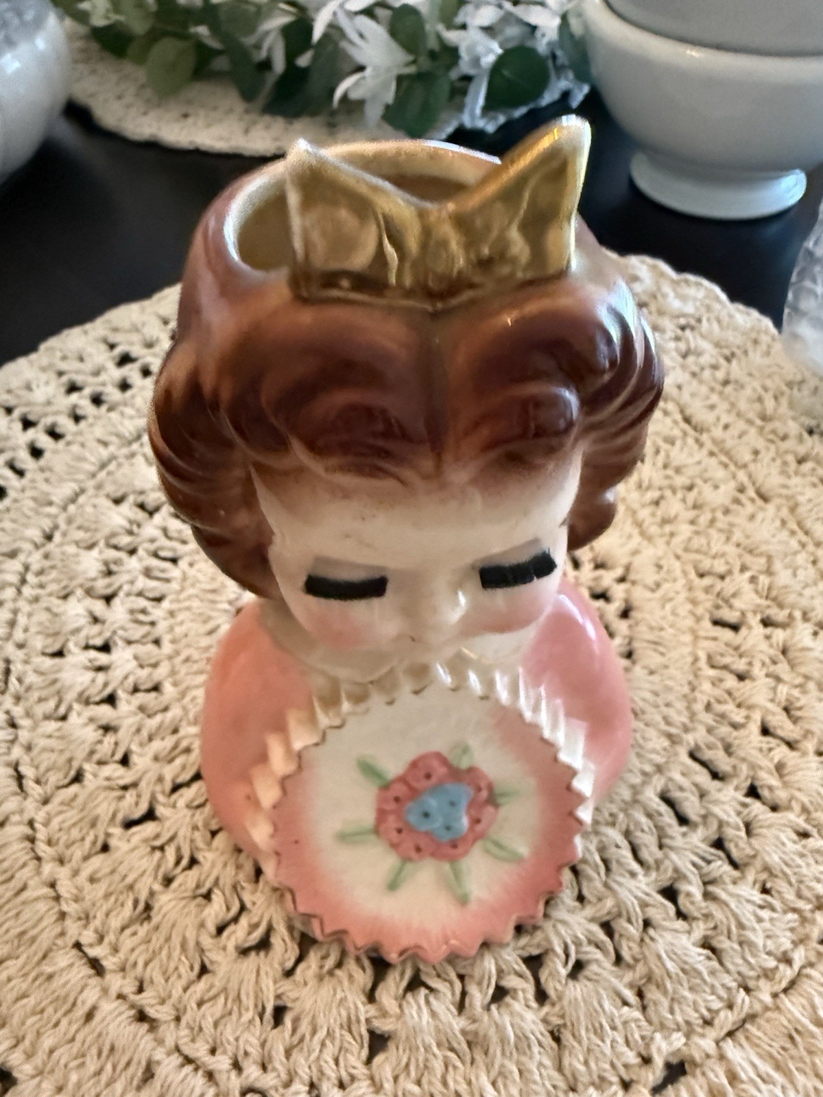 1950s Ceramic Girl Figurine Pink Floral Dress Gold Bow Glossy Finish