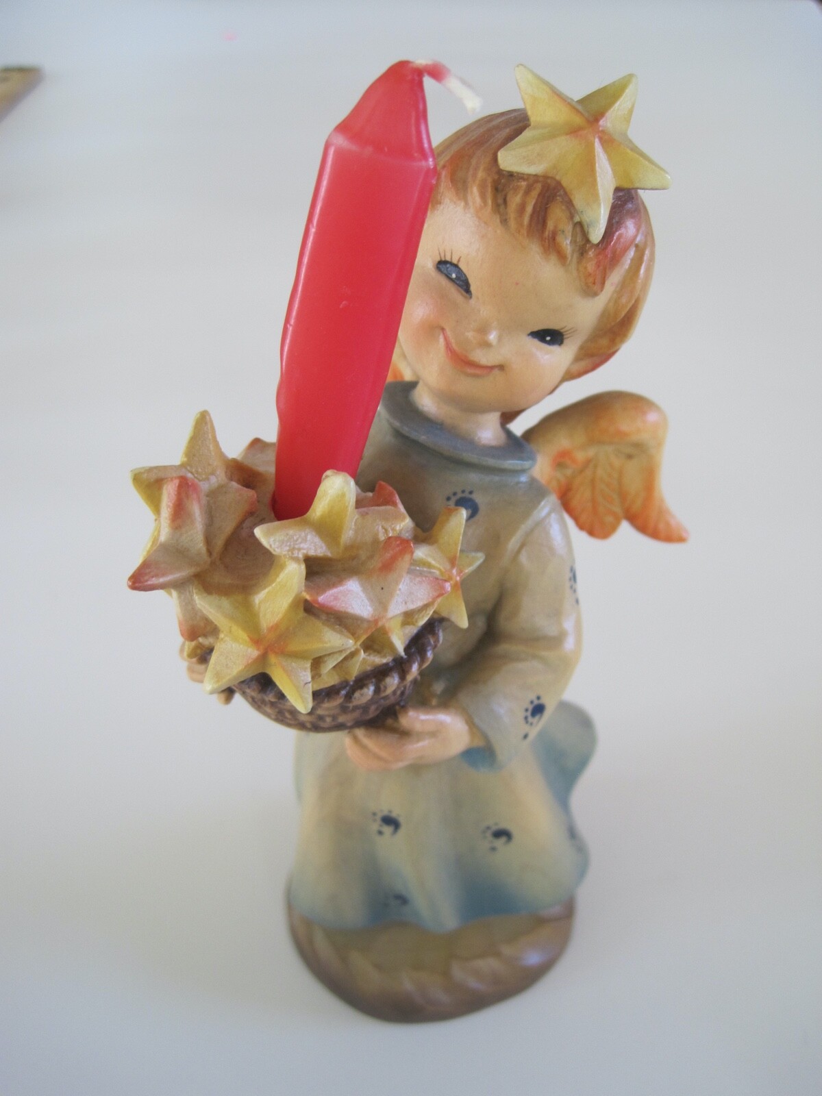 ANRI Italy Wood Carving Cherub Angel Basket Of Stars W/ Candle Approx. 6″ EUC
