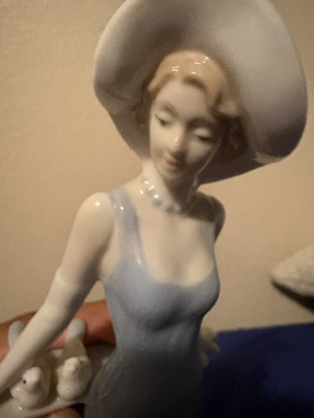 Porcelain Figurine Woman with Birds Blue Hand Painted Glossy