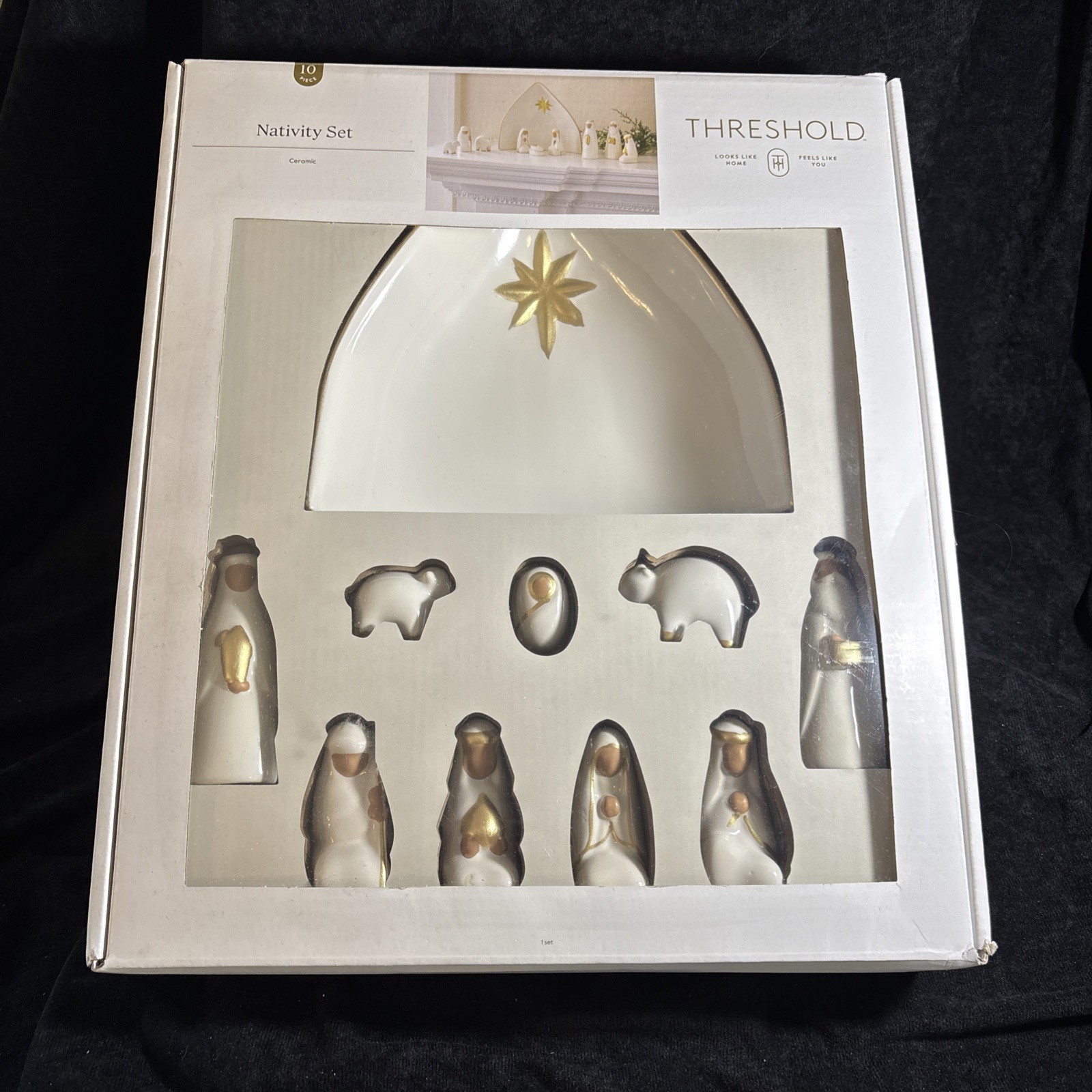 Ceramic Nativity Set Christmas White Gold Threshold 10 Pieces