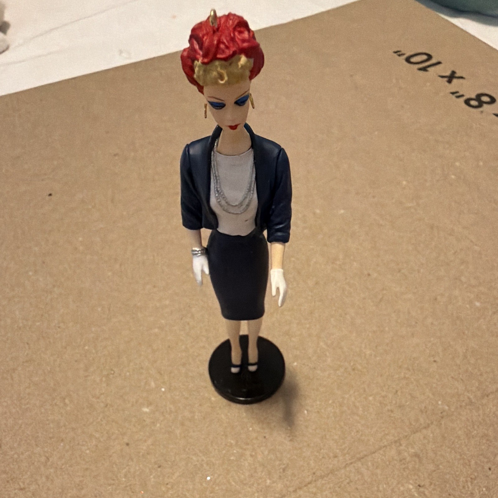 Woman Figurine Red/Blonde Hair Blue Outfit w/ Red Hat, Plastic, Black Base