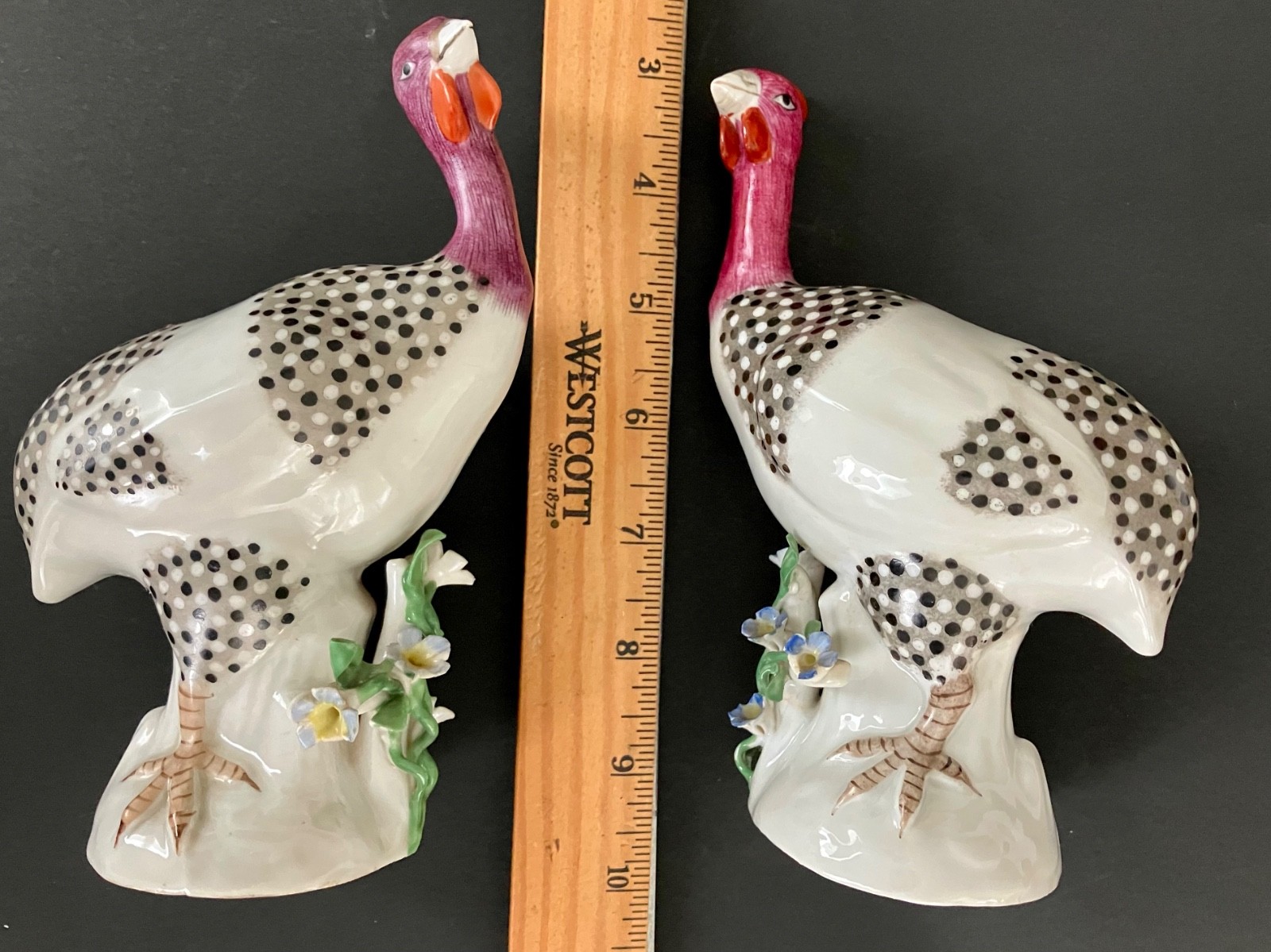Pair of 19th century French porcelain guinea fowl, birds: Samson, after Meissen