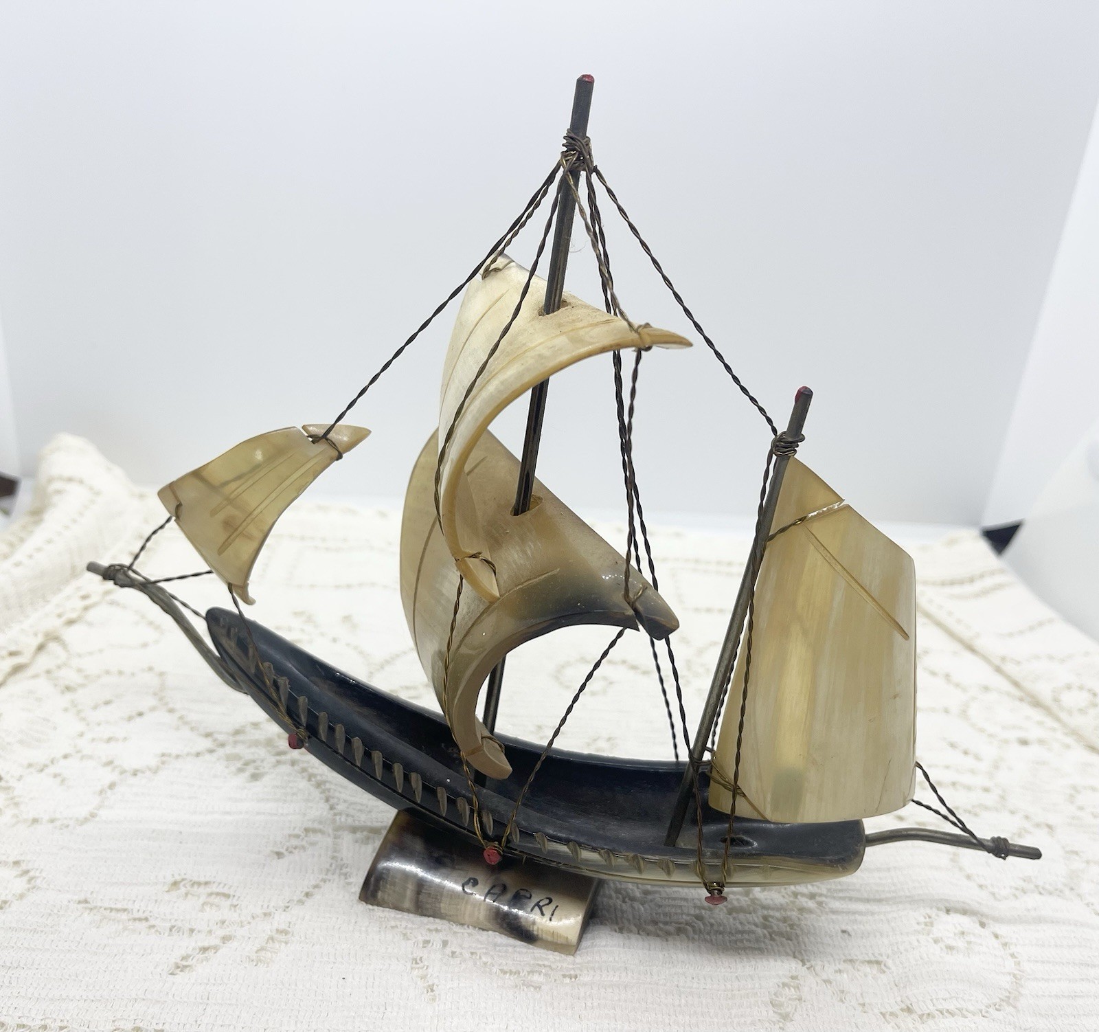 Horn and Metal Sailboat Figurine Nautical Theme Matte Finish Capri