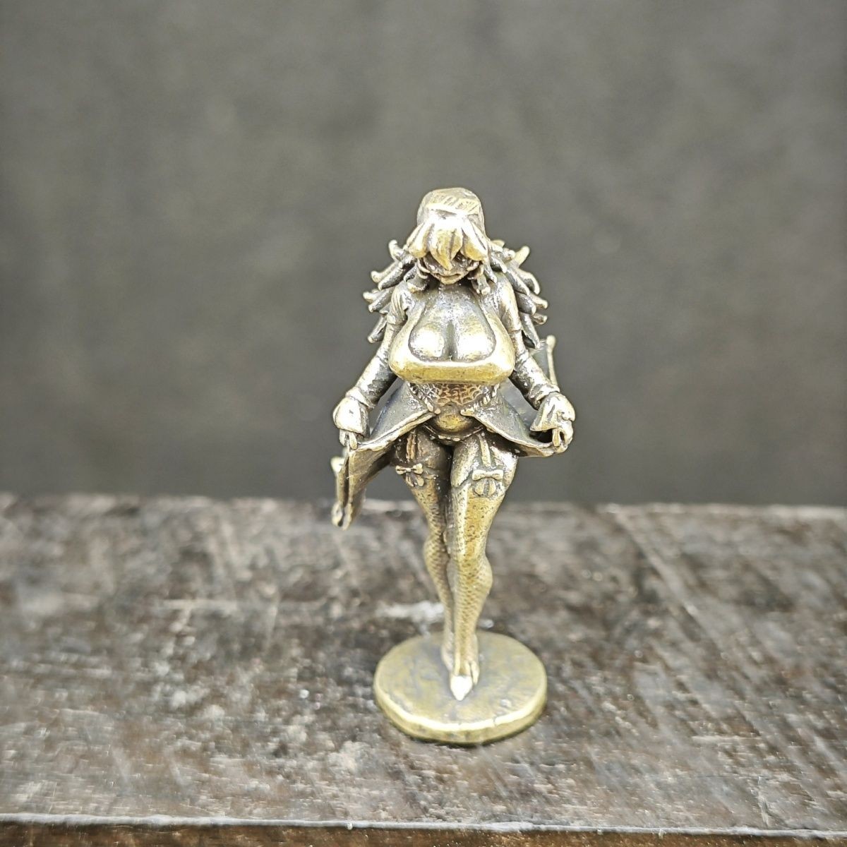 Brass Beauty Lifting Dress Mini Statue, Cute Anime Girl with Black Stockings