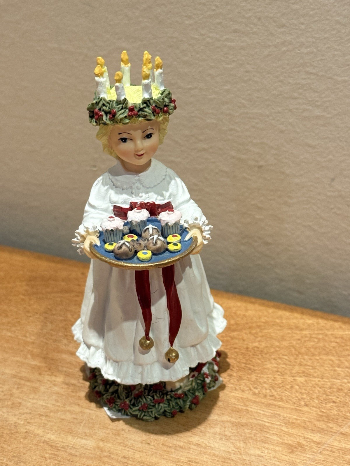 Saint Lucia Figurine Girl w/ Candles & Cakes, Internat’l Santa Claus SWEDEN EUC