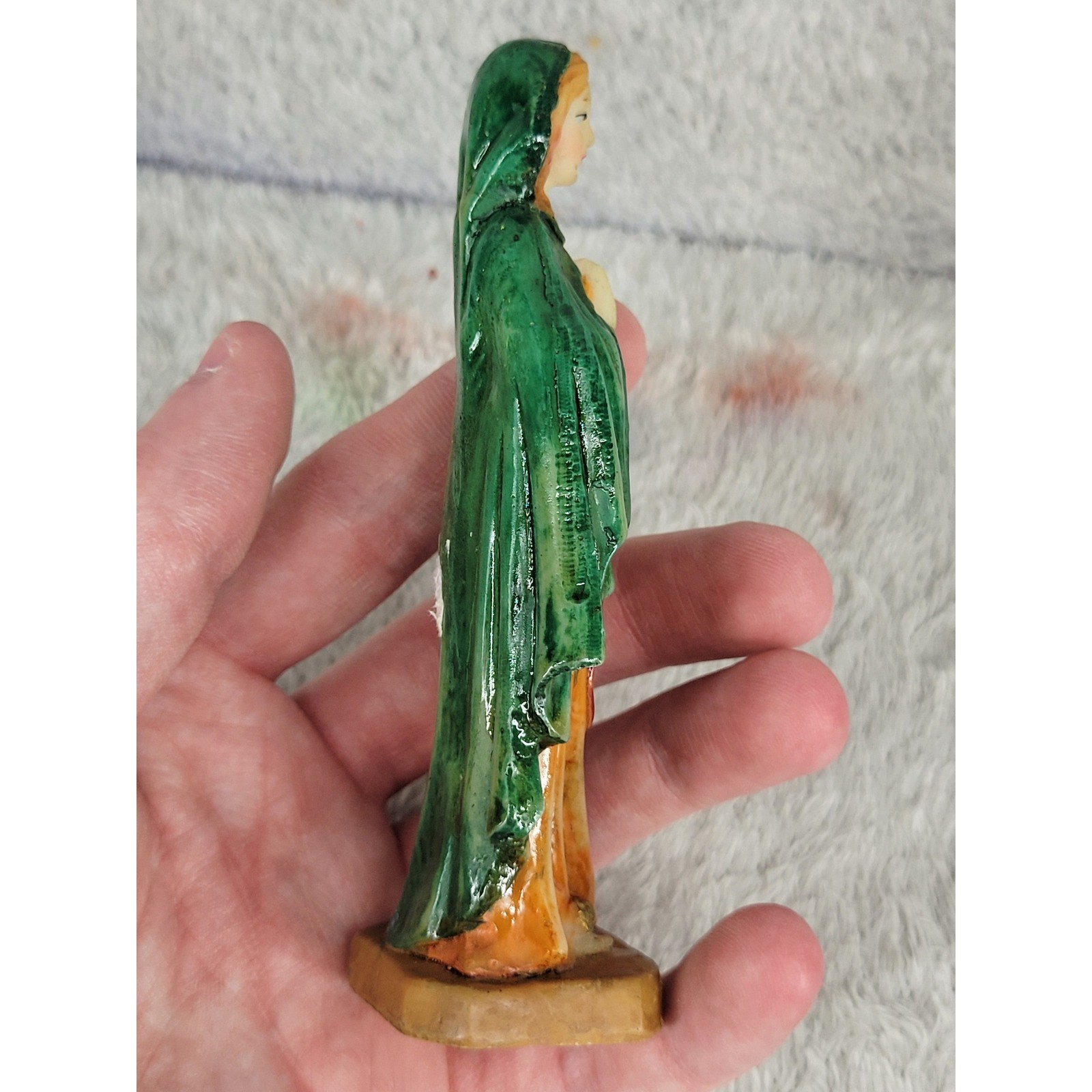Religious Figurine Mary Madonna Praying Figure Green Robe Orange Dress