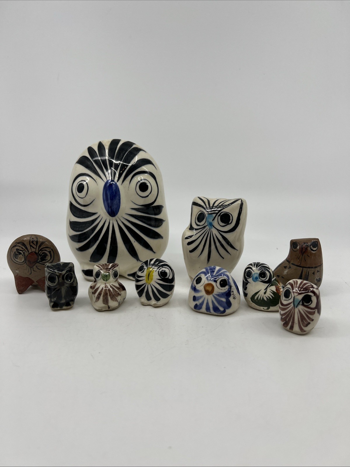 VTG Mexican OWLS Tonala Figurines Lot 10 Hand Painted Folk Art Talavera Pottery