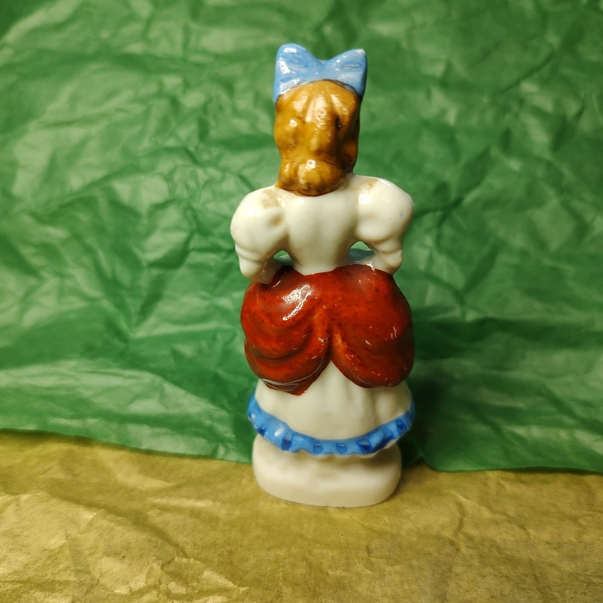 Lady with Red Bustle Figurine Made in Occupied Japan 3 1/2 inches tall