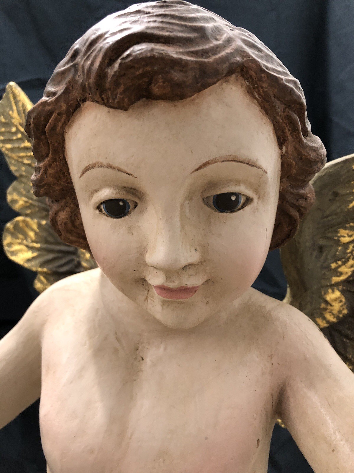 Large Vintage 28” Italian Cherub Putti Angel Composite Stands On Floral Base
