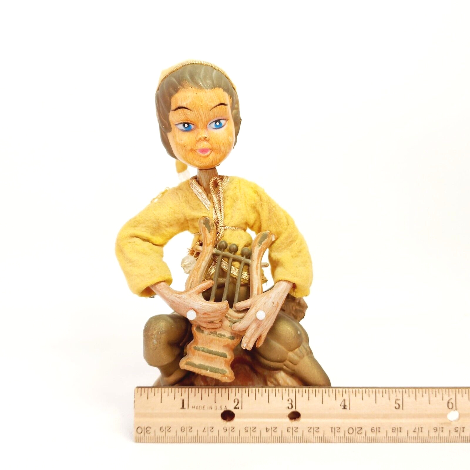 Vintage Golden Fantasy Pixie Elf Playing Lyre 7.5″ Plastic Figure
