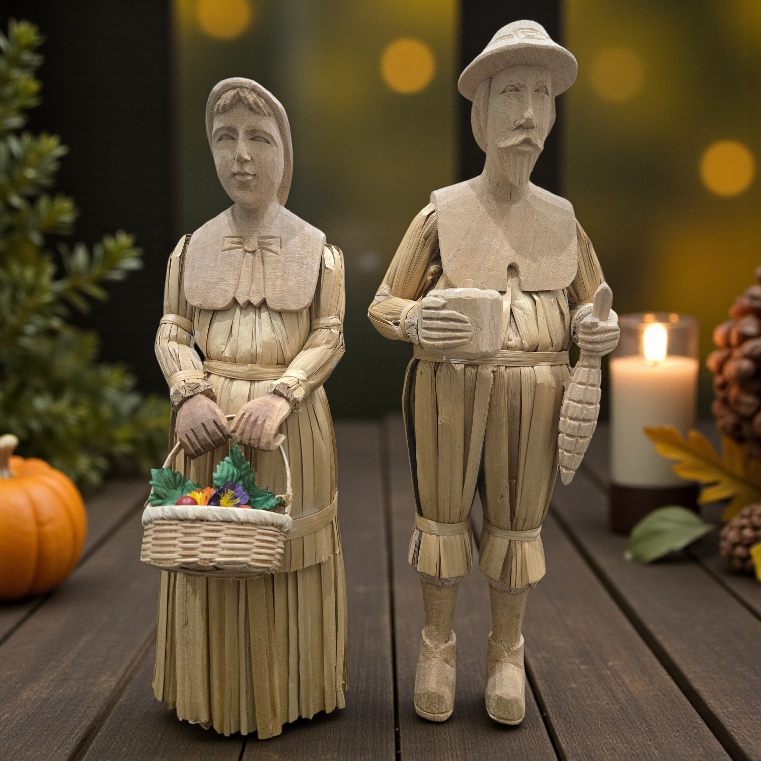 Pilgrim Corn Husk Carved Wood Thanksgiving Pilgrim Figurines Man & Woman 16″