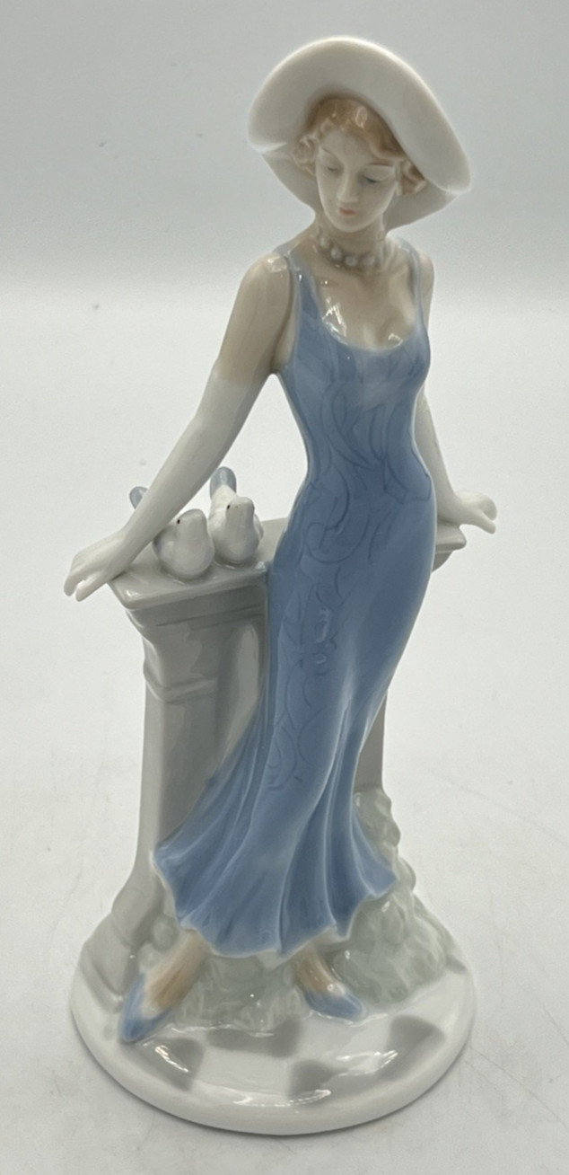 Porcelain Lady Figurine Blue Dress Parisian Woman Statue Elegant Decor 8 1/2″