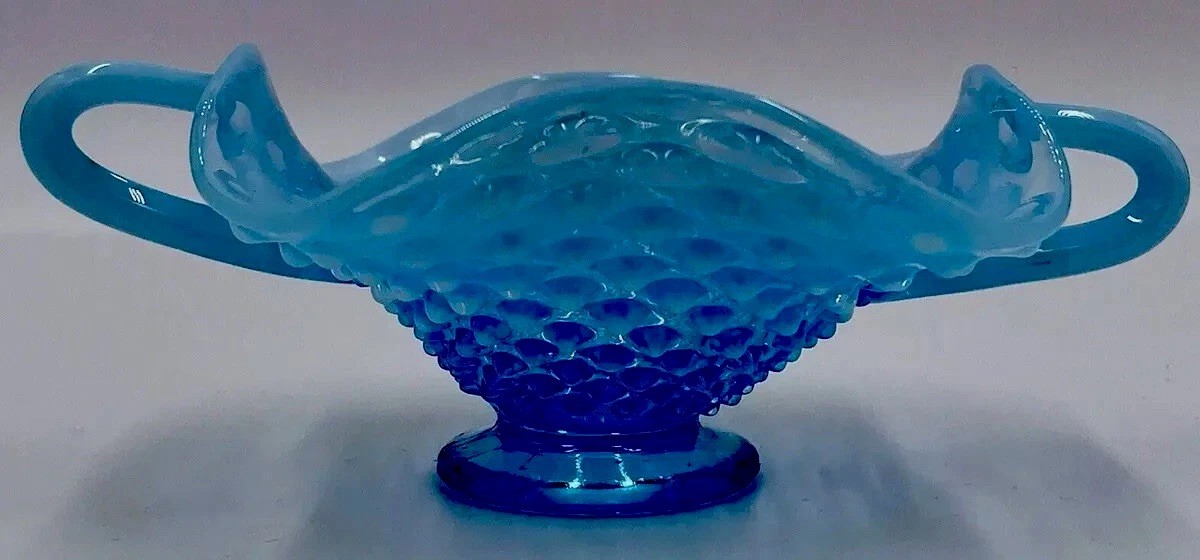 Lot 4 Fenton Hobnail Blue Opalescent Pitcher Cornucopia Candle Holders Bowl