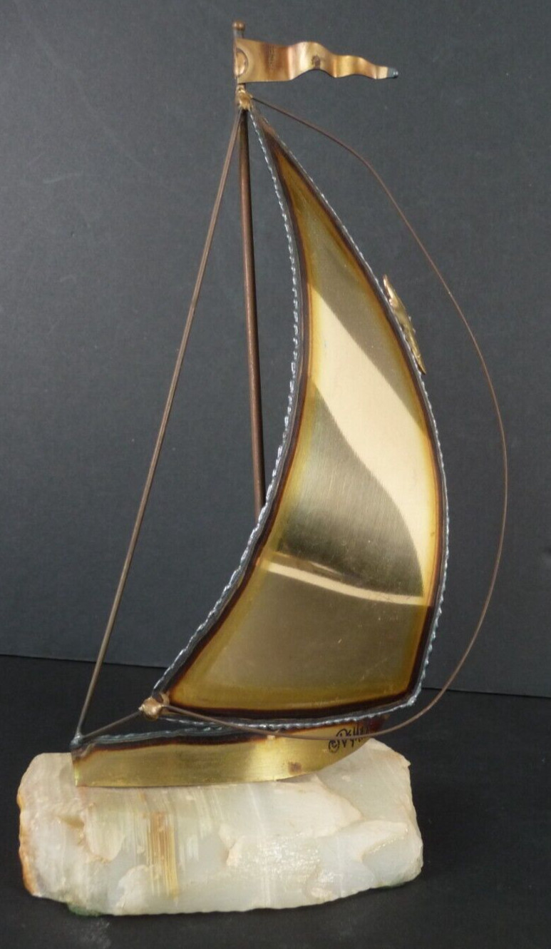 John DeMott Brass Sculpture Torch Cut w/Onyx Base Sailboat With a Seagull SIGNED