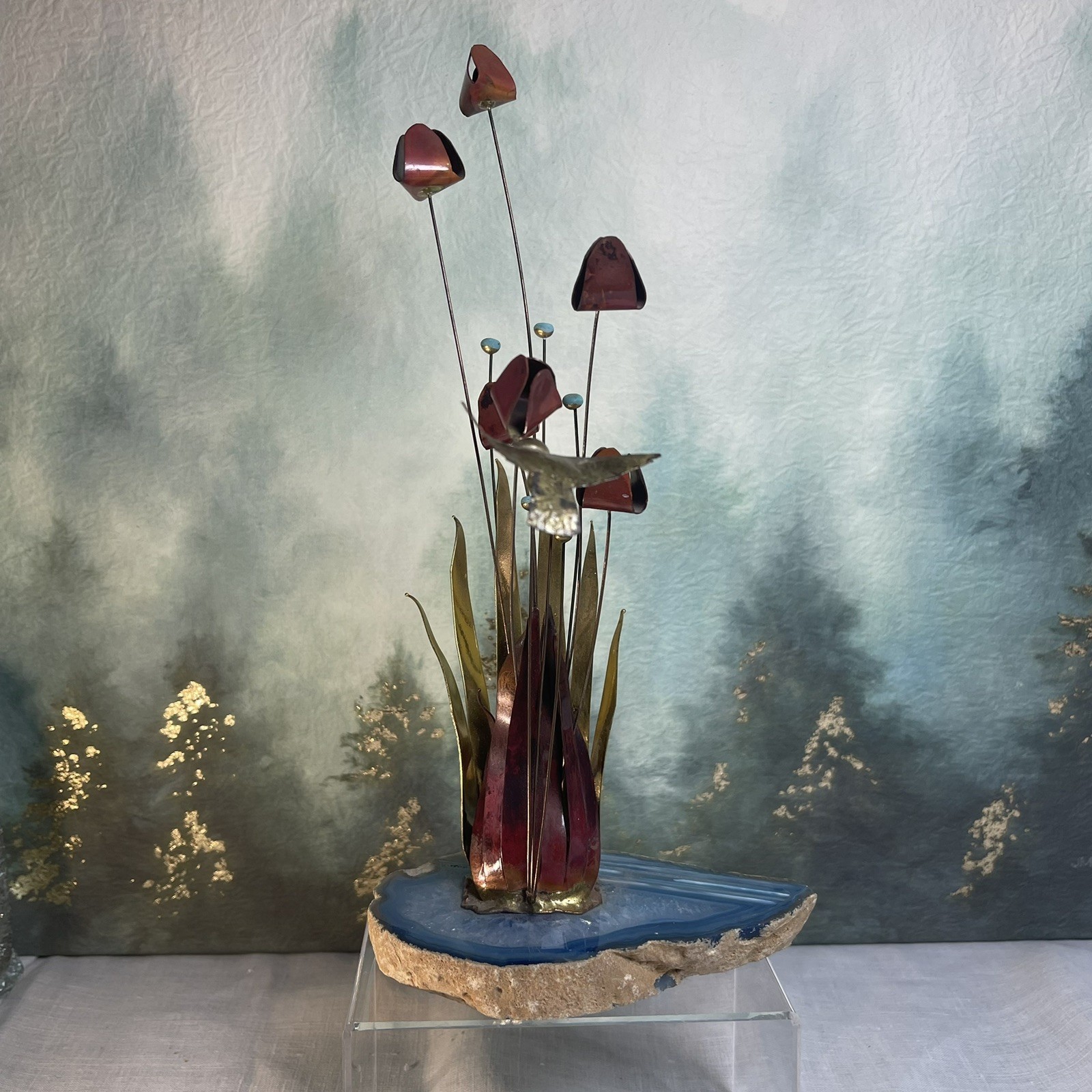 Buryl Southerland Attributed Brutalist Hummingbird Metal Sculpture Agate Base