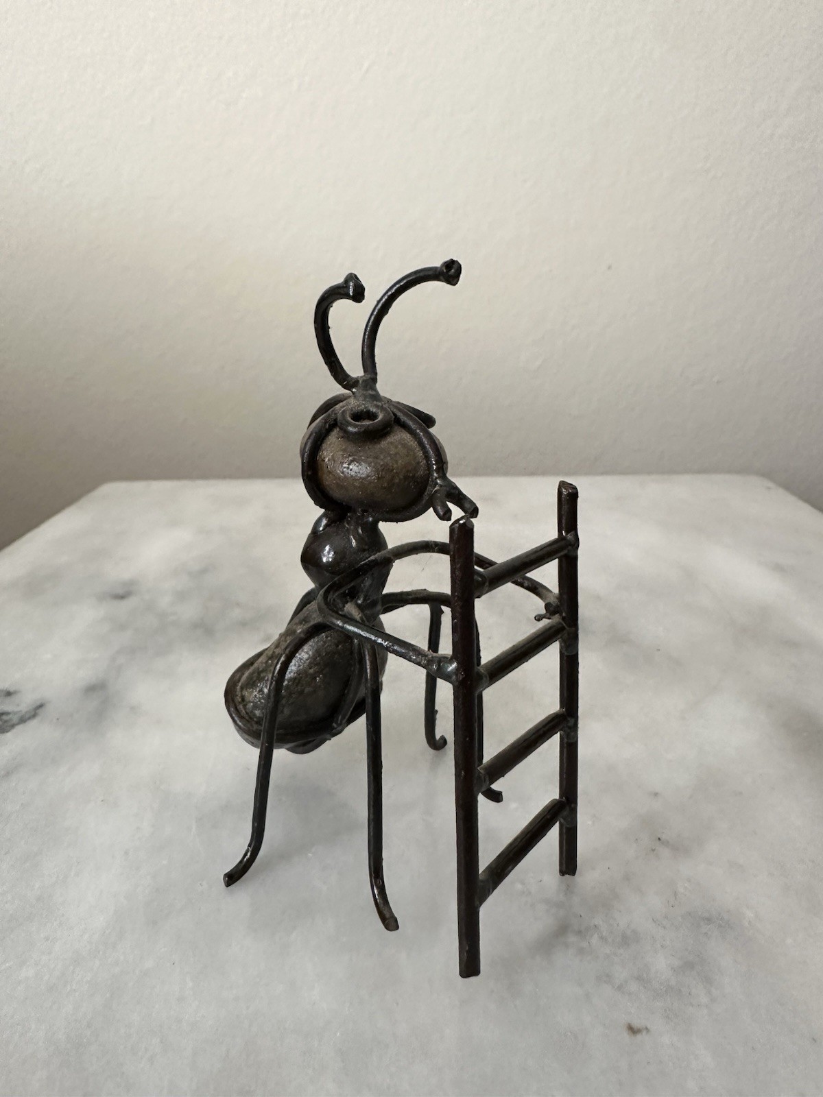 Metal Fishing Ant Stone Art Sculpture Unique Vintage Brutalist Art Oddity