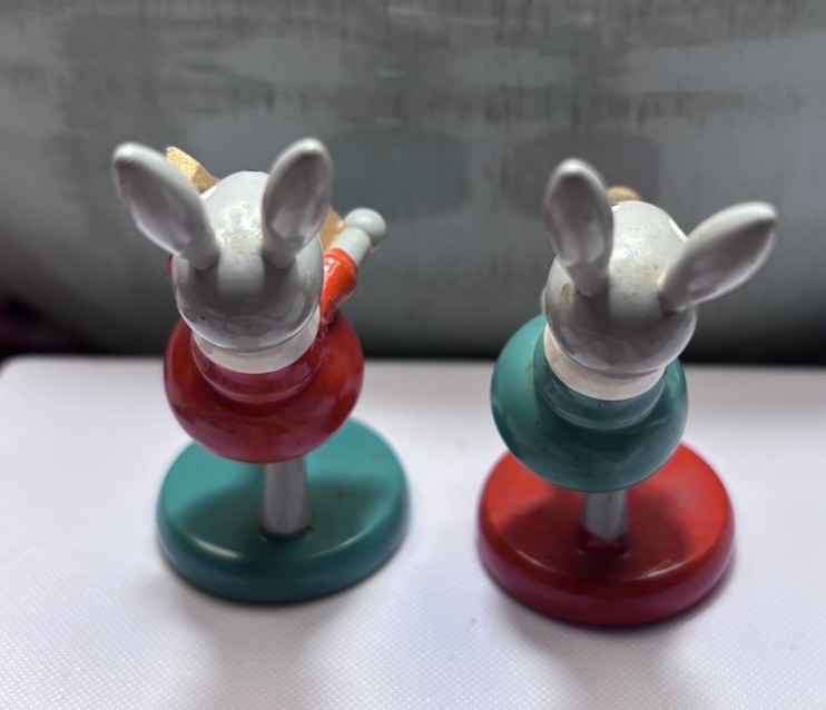 Vintage Spain Goula Rabbits Playing Mandolin Flute Easter Bunny Girls Wooden