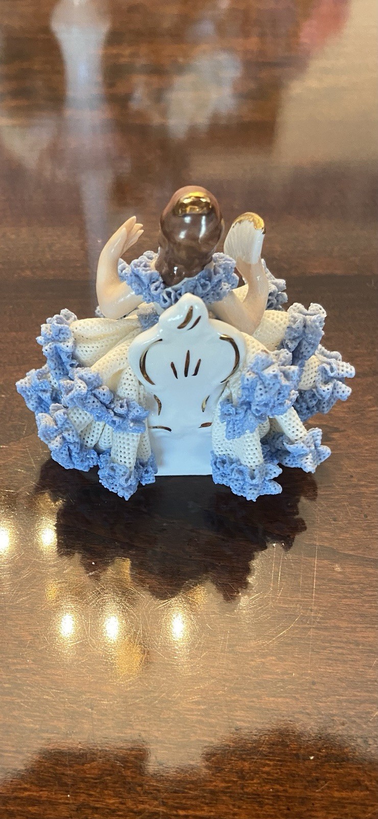 Vintage Germany Dresden Porcelain Lace Seated Woman Frilly Dress Figurine 3.0″