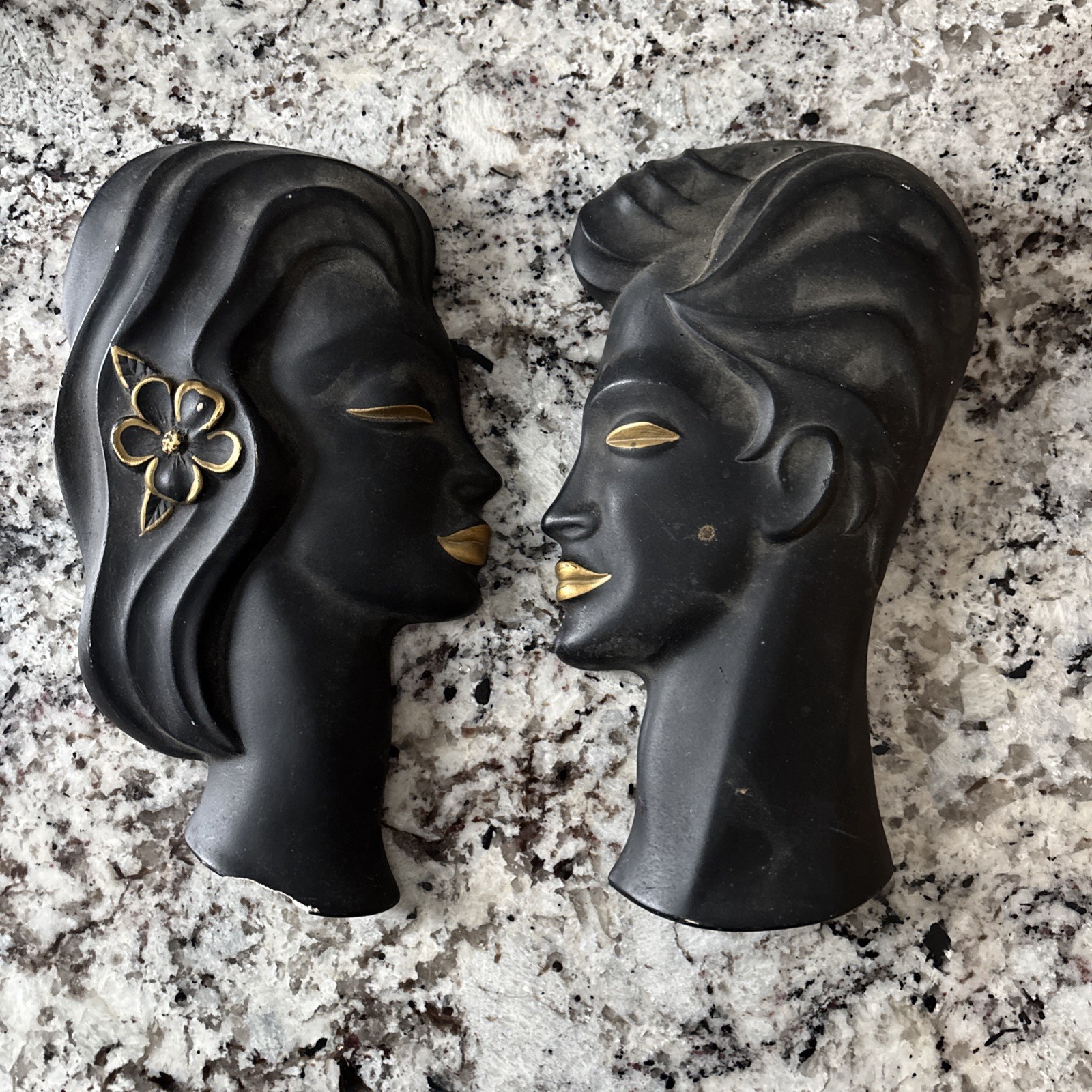 Vintage 1950’s Women And Man Face Art Deco Chalkware Wall Hanging