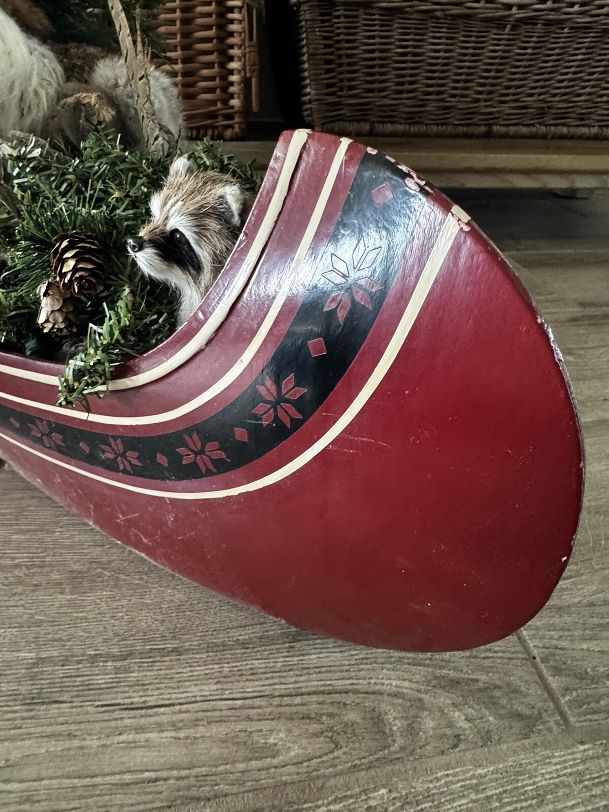 RUSTIC Trapper Santa Mountain Real Fur Rowing canoe Skis Raccoon Centerpiece XL