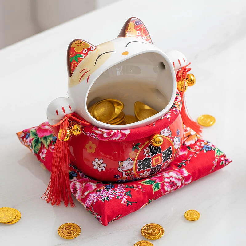 8 Inch Ceramic Maneki Neko Candy Jar Lucky Cat Money Box Piggy Bank Fortune Cat