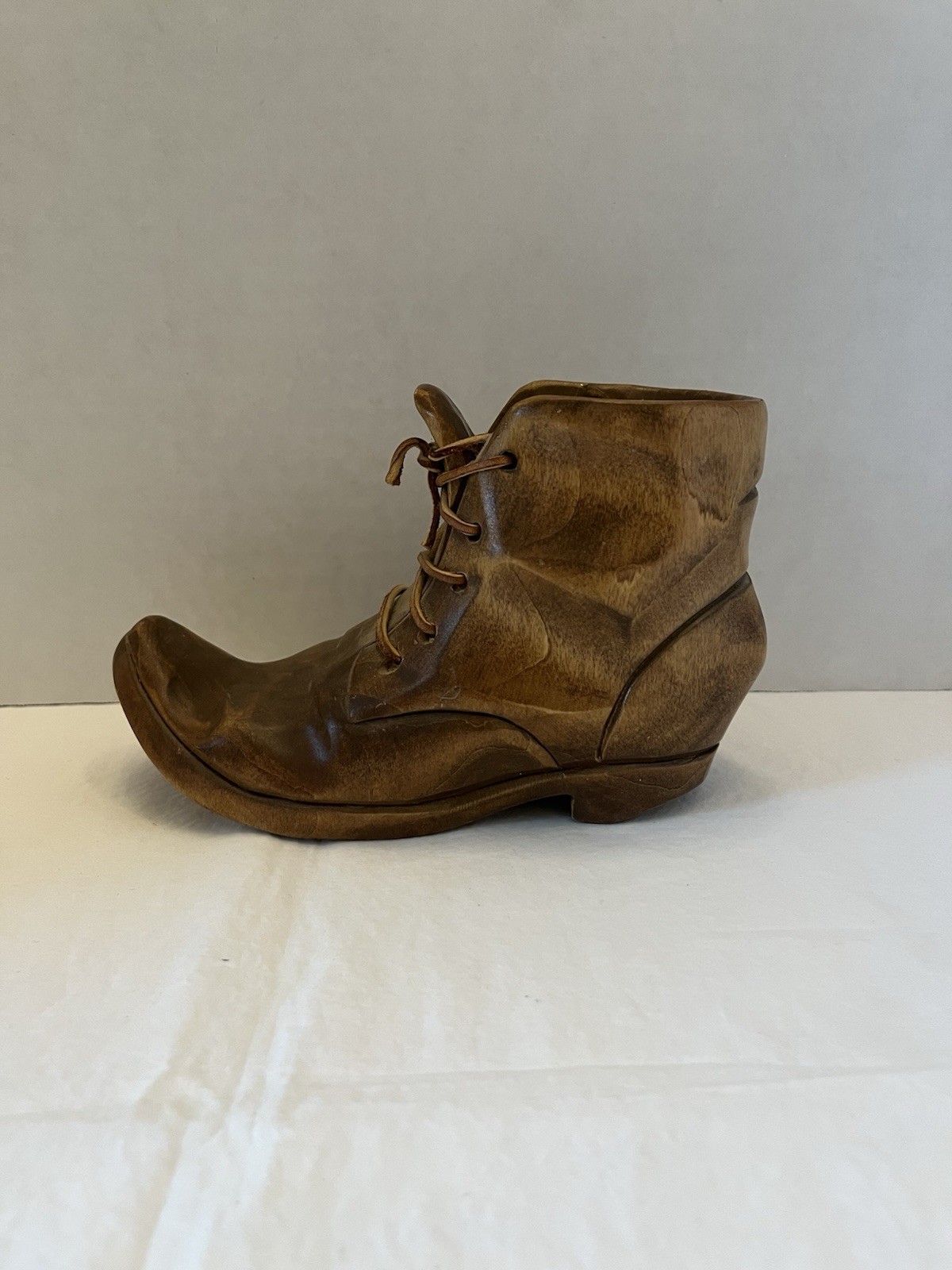 Vintage Hand Carved Brown Wooden Boot With Leather Laces