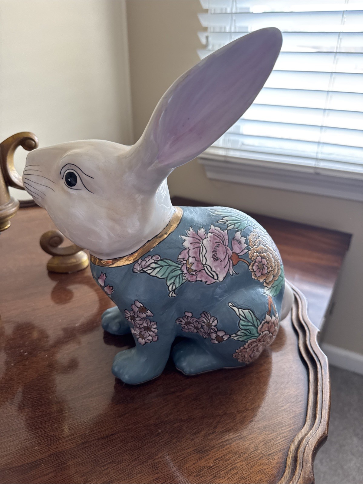 Large Porcelain Hand Painted Rabbit ,Teal Lavender Orange Metallic Gold 12 Inch
