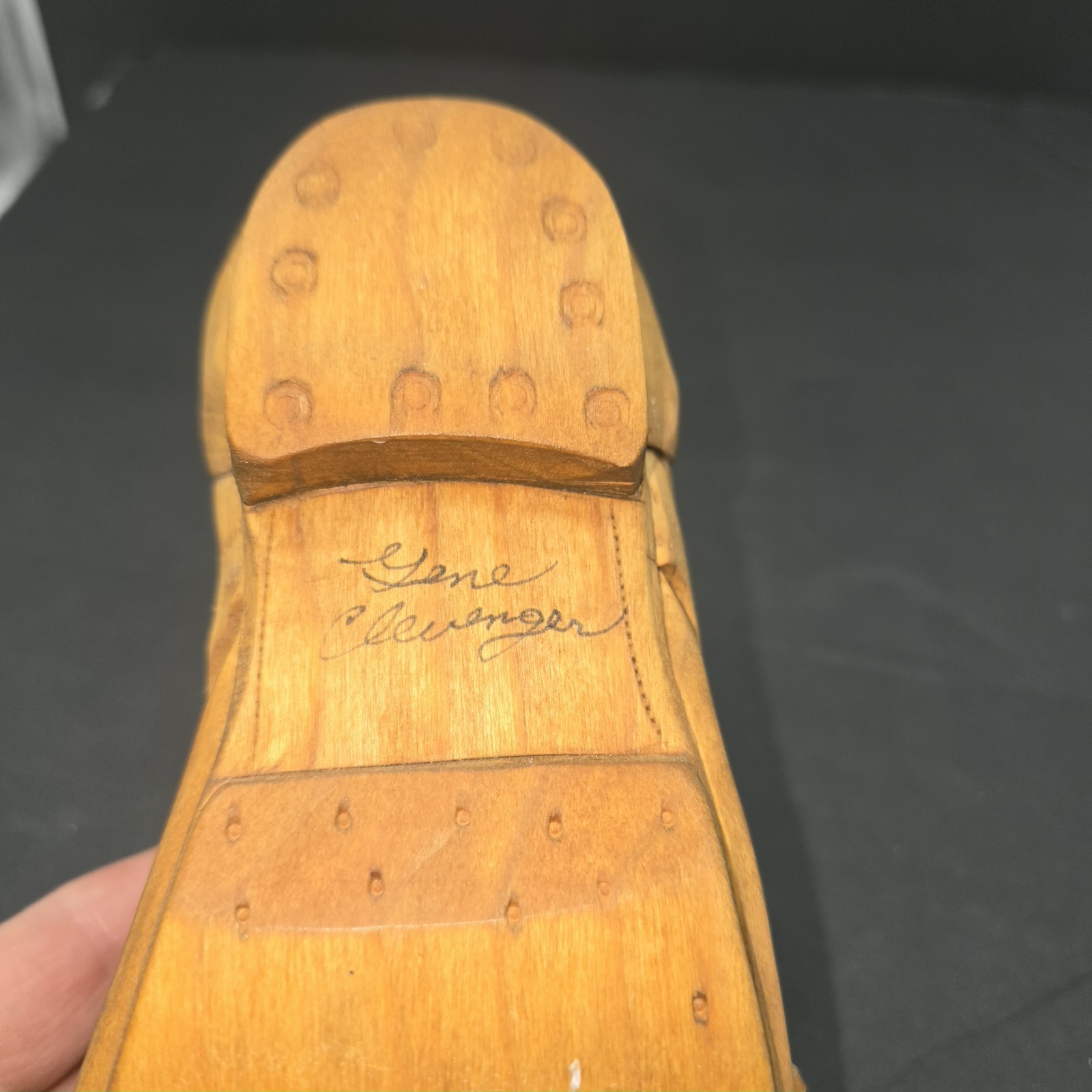 Gene Clevenger Hand Carved Wood Boot American Folk Art Leather Laces Signed Vtg