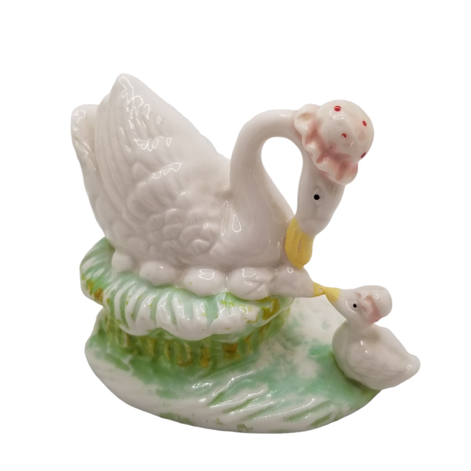 Mother Swan and Babies Homco 1467 Porcelain Figurine Mama Pink Bonnet Vintage