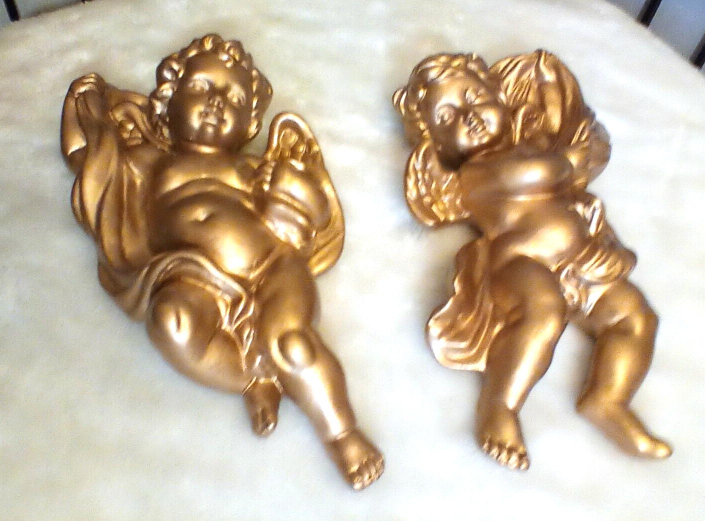 VINTAGE ANGEL CHERUB SET OF 2 10″ VICTORIAN GOLD WALL HOLLYWOOD REGENCY MCM